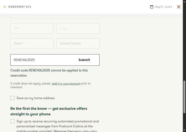 Postcard Cabins checkout page showing Postcard Cabins promo code box | Screenshot taken by SimplyCodes community member on May 26, 2025