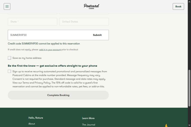 Postcard Cabins checkout page showing Postcard Cabins promo code box | Screenshot taken by SimplyCodes community member on May 22, 2025
