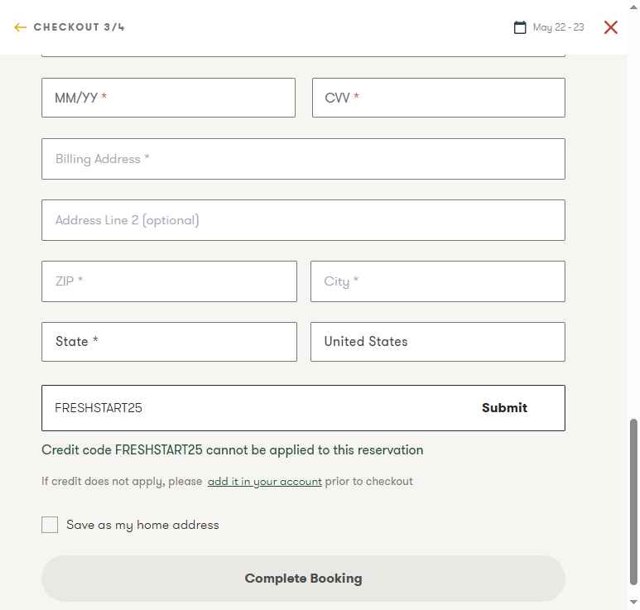Postcard Cabins checkout page showing Postcard Cabins promo code box | Screenshot taken by SimplyCodes community member on May 22, 2025