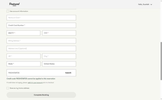 Postcard Cabins checkout page showing Postcard Cabins promo code box | Screenshot taken by SimplyCodes community member on May 27, 2025