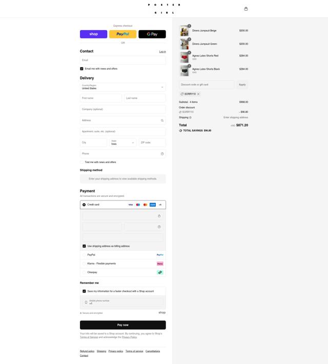 Poster Girl checkout page showing Poster Girl discount code box | Screenshot taken by SimplyCodes community member on Sep 7, 2025