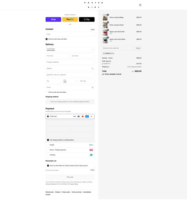 Poster Girl checkout page showing Poster Girl discount code box | Screenshot taken by SimplyCodes community member on Sep 7, 2025