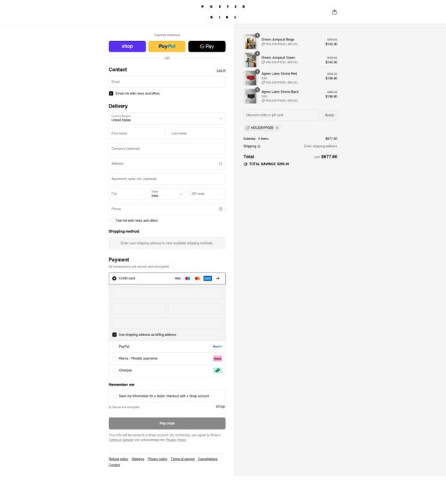 Poster Girl checkout page showing Poster Girl discount code box | Screenshot taken by SimplyCodes community member on Aug 30, 2025