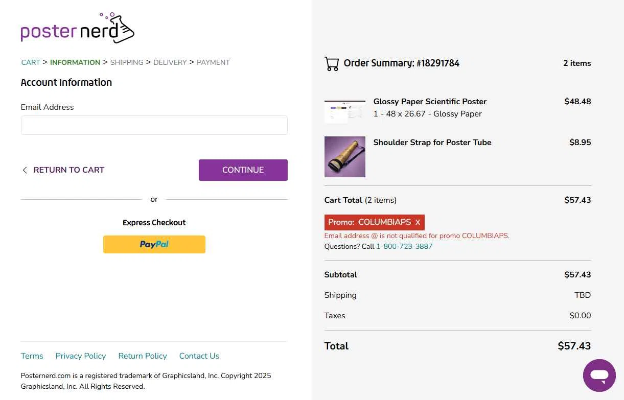 PosterNerd checkout page showing PosterNerd promo code box | Screenshot taken by SimplyCodes community member on Dec 9, 2025