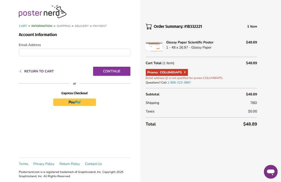PosterNerd checkout page showing PosterNerd promo code box | Screenshot taken by SimplyCodes community member on Dec 22, 2025