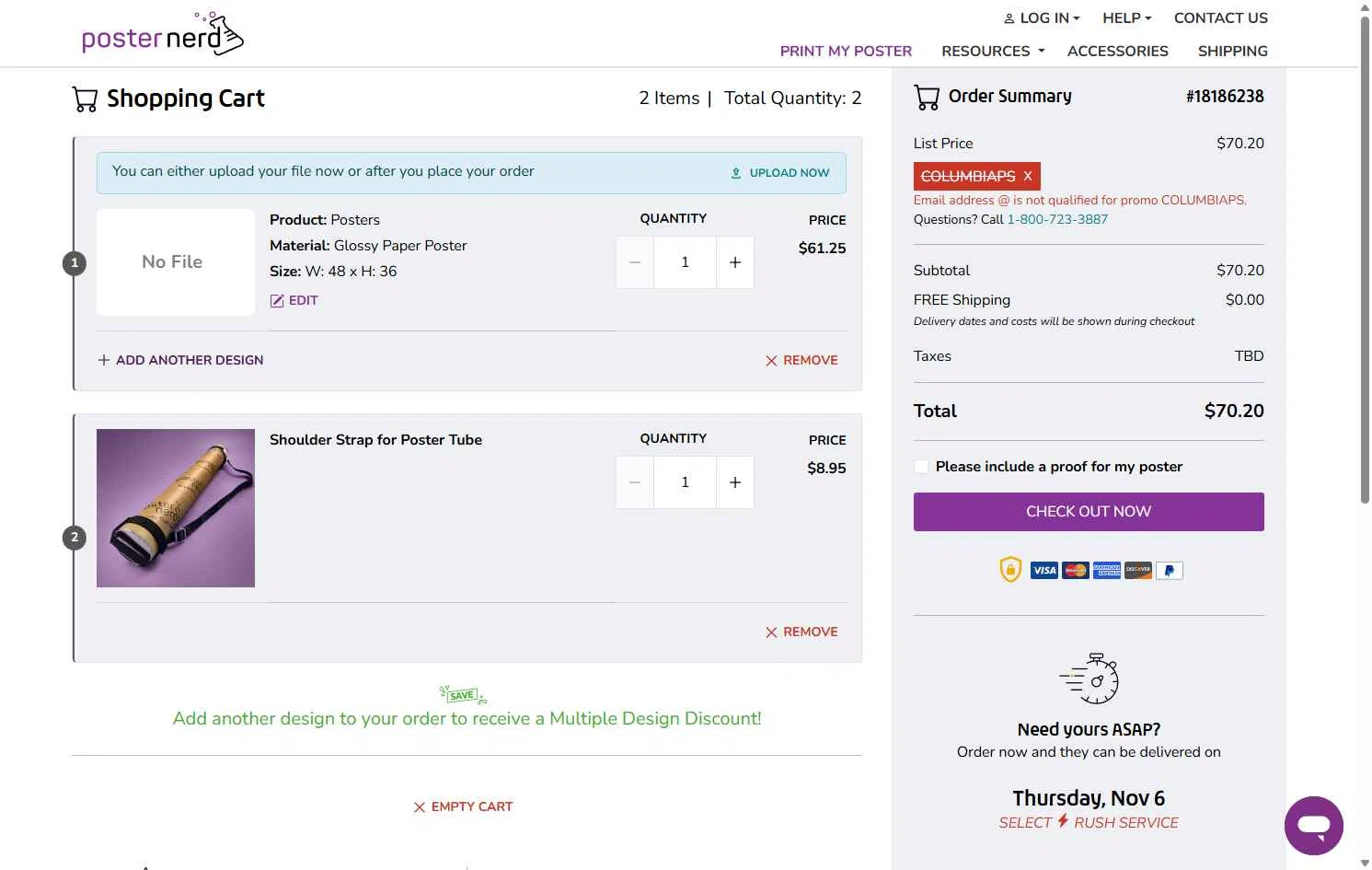 PosterNerd checkout page showing PosterNerd promo code box | Screenshot taken by SimplyCodes community member on Nov 5, 2025