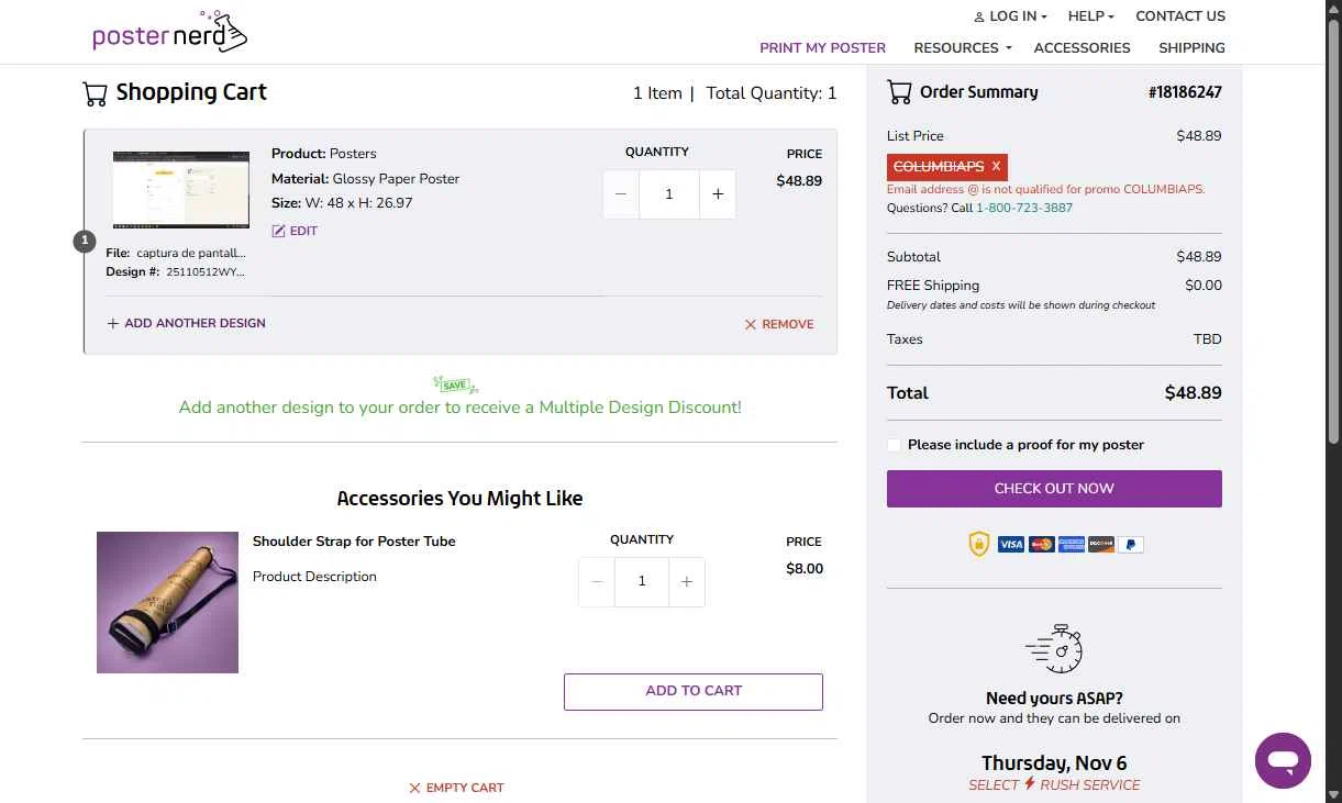 PosterNerd checkout page showing PosterNerd promo code box | Screenshot taken by SimplyCodes community member on Nov 5, 2025