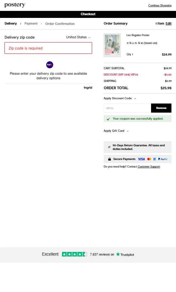 Postery checkout page showing Postery discount code box | Screenshot taken by SimplyCodes community member on May 21, 2025