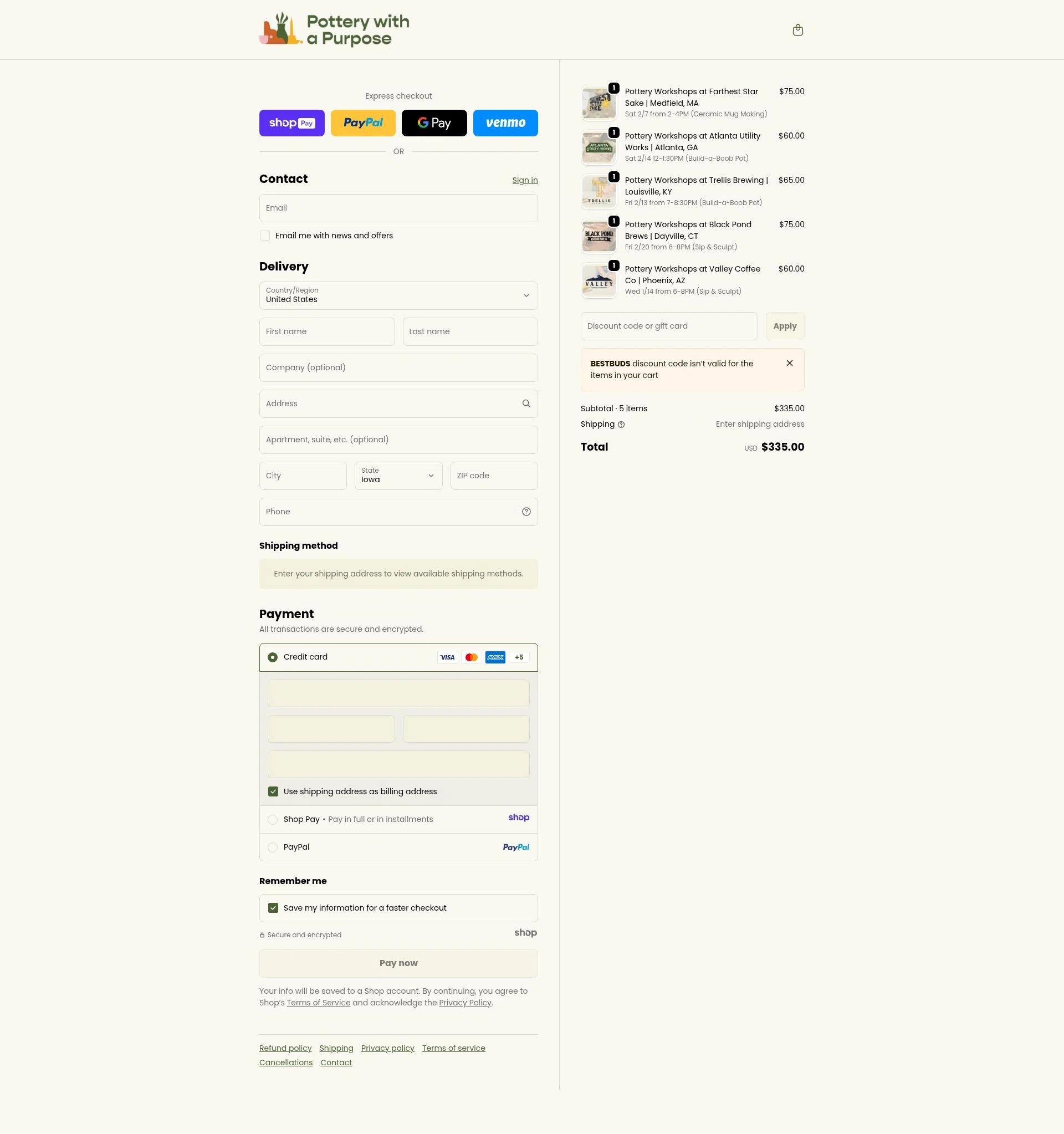 Pottery With A Purpose checkout page showing Pottery With A Purpose promo code box | Screenshot taken by SimplyCodes community member on Jan 10, 2026