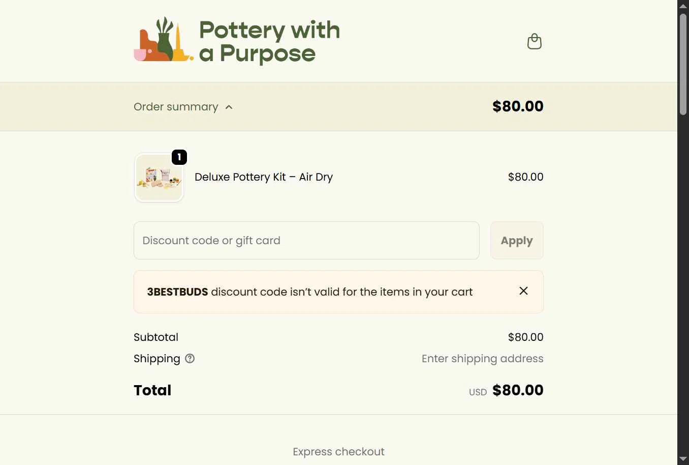 Pottery With A Purpose checkout page showing Pottery With A Purpose promo code box | Screenshot taken by SimplyCodes community member on Dec 31, 2025
