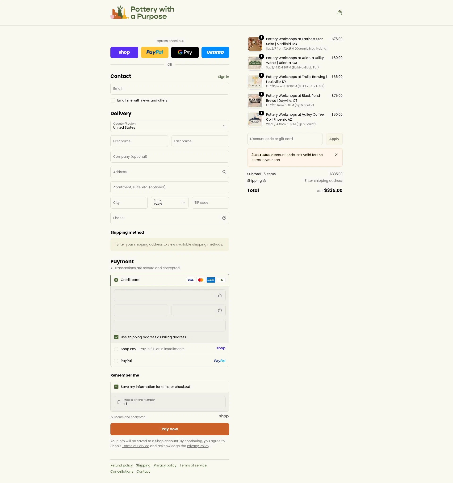 Pottery With A Purpose checkout page showing Pottery With A Purpose promo code box | Screenshot taken by SimplyCodes community member on Jan 5, 2026