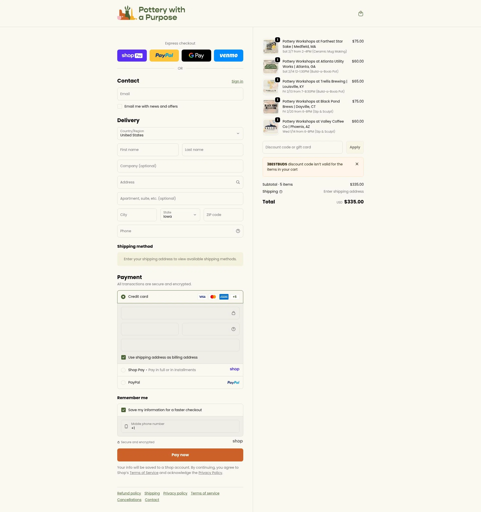 Pottery With A Purpose checkout page showing Pottery With A Purpose promo code box | Screenshot taken by SimplyCodes community member on Jan 10, 2026