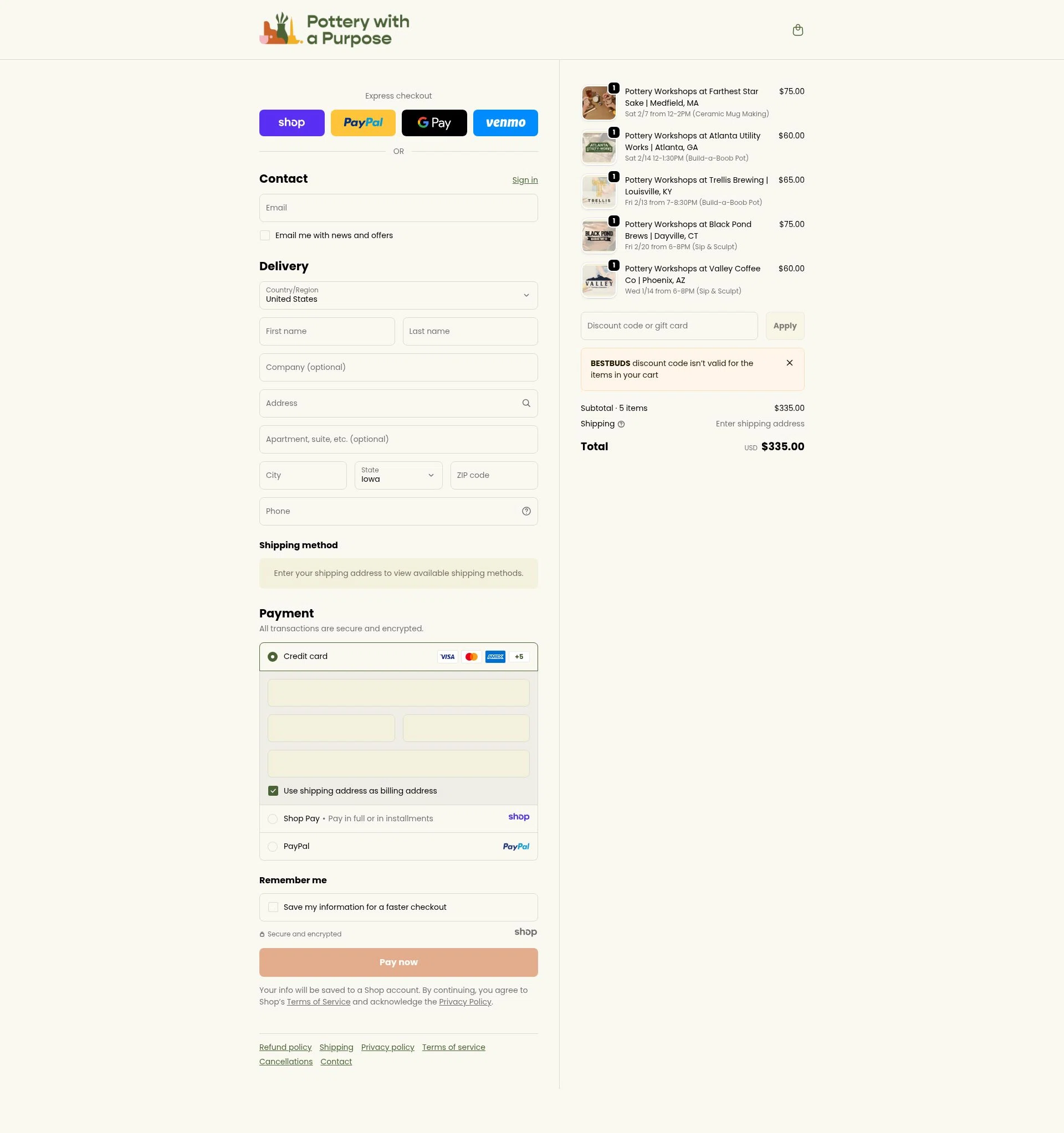 Pottery With A Purpose checkout page showing Pottery With A Purpose promo code box | Screenshot taken by SimplyCodes community member on Jan 5, 2026