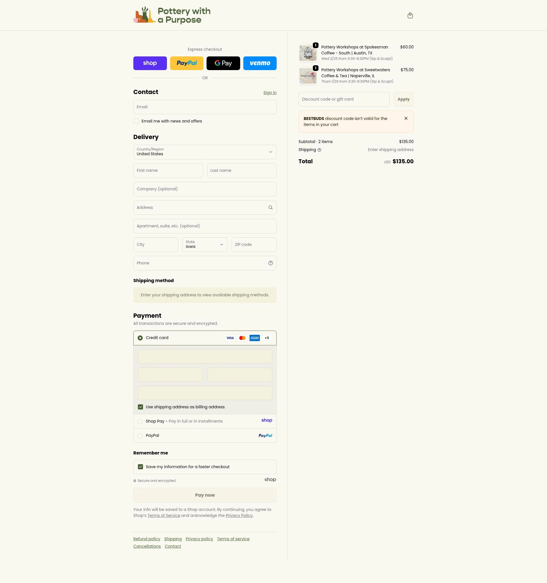 Pottery With A Purpose checkout page showing Pottery With A Purpose promo code box | Screenshot taken by SimplyCodes community member on Dec 31, 2025