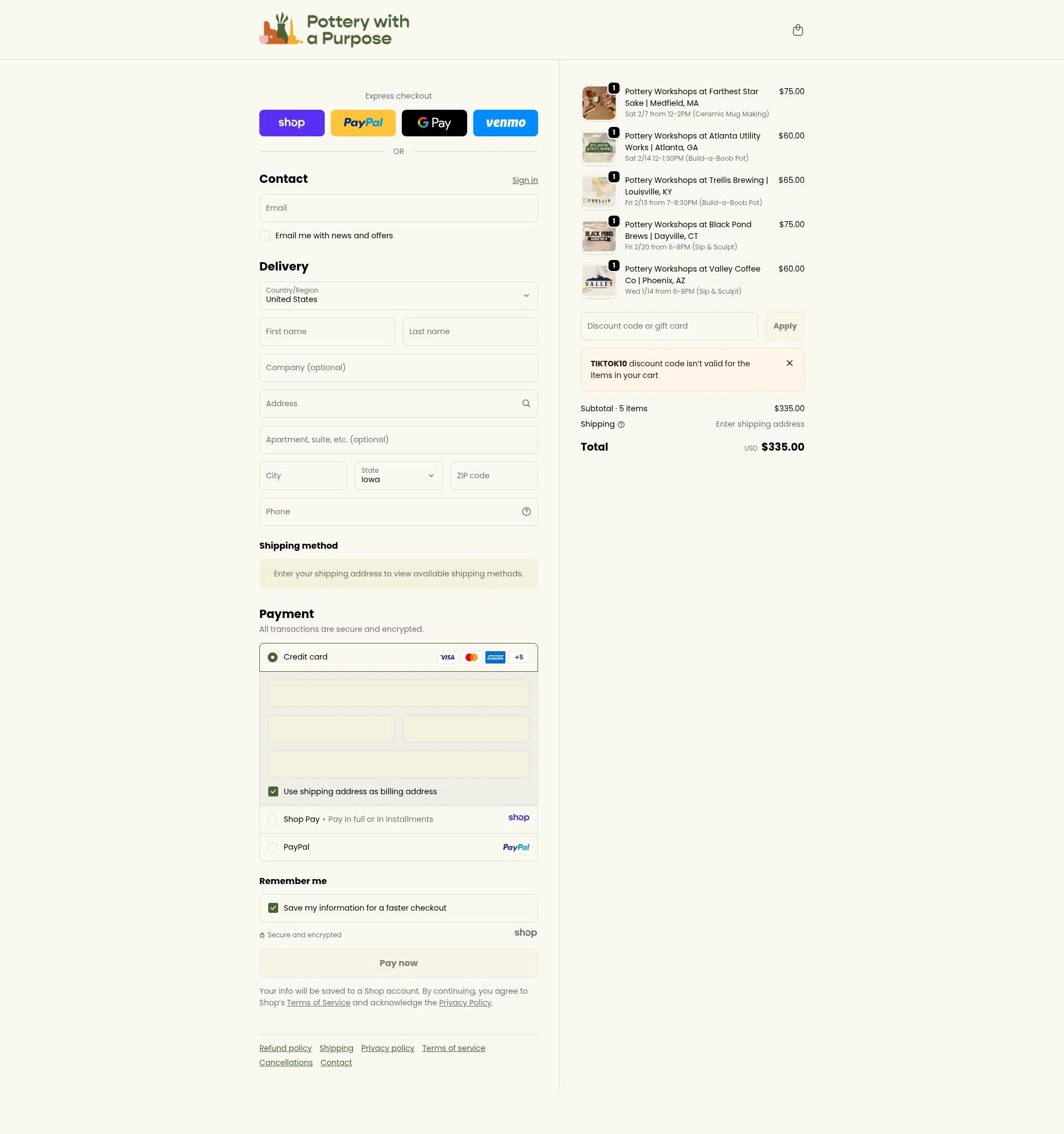 Pottery With A Purpose checkout page showing Pottery With A Purpose promo code box | Screenshot taken by SimplyCodes community member on Jan 5, 2026
