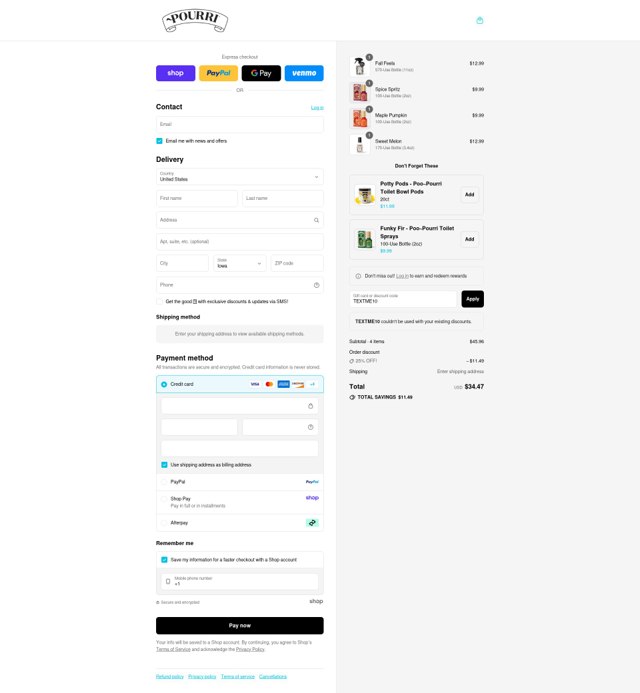 ~Pourri checkout page showing ~Pourri coupon code box | Screenshot taken by SimplyCodes community member on Sep 2, 2025
