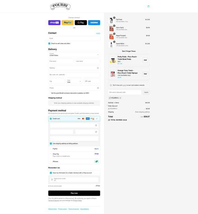 ~Pourri checkout page showing ~Pourri coupon code box | Screenshot taken by SimplyCodes community member on Aug 20, 2025