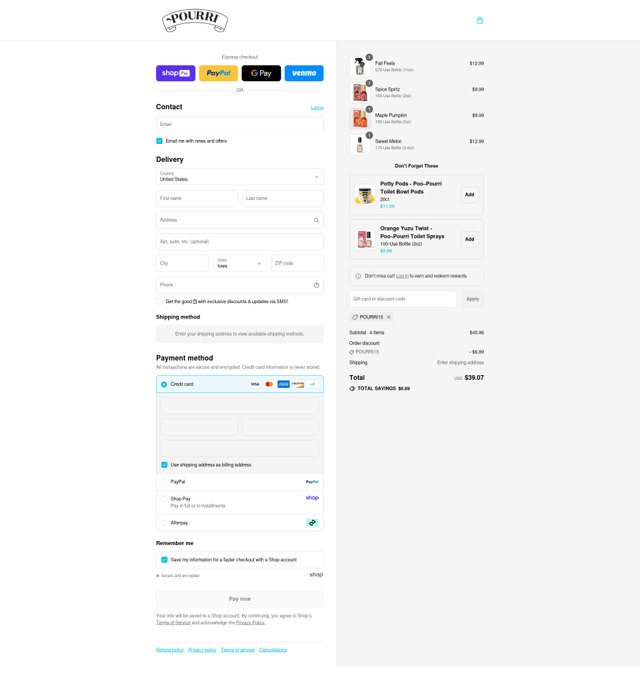 ~Pourri checkout page showing ~Pourri coupon code box | Screenshot taken by SimplyCodes community member on Aug 24, 2025
