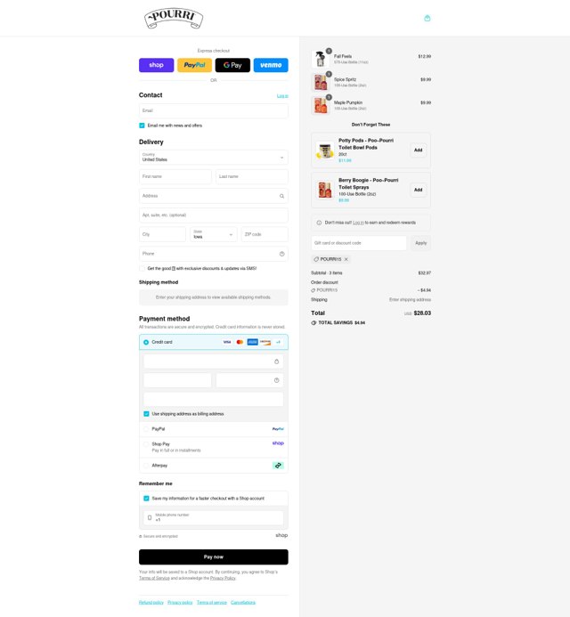 ~Pourri checkout page showing ~Pourri coupon code box | Screenshot taken by SimplyCodes community member on Sep 6, 2025