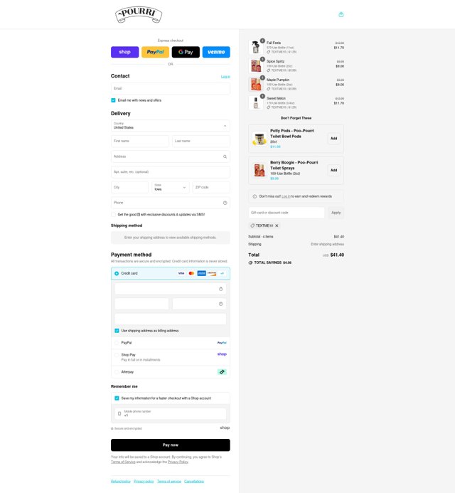 ~Pourri checkout page showing ~Pourri coupon code box | Screenshot taken by SimplyCodes community member on Aug 28, 2025