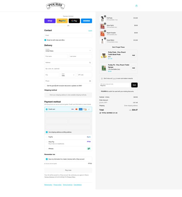 ~Pourri checkout page showing ~Pourri coupon code box | Screenshot taken by SimplyCodes community member on Sep 2, 2025