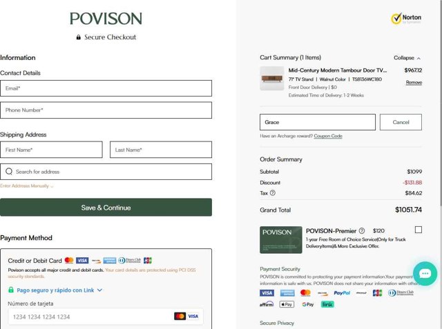 Povison checkout page showing Povison discount code box | Screenshot taken by SimplyCodes community member on Aug 26, 2025