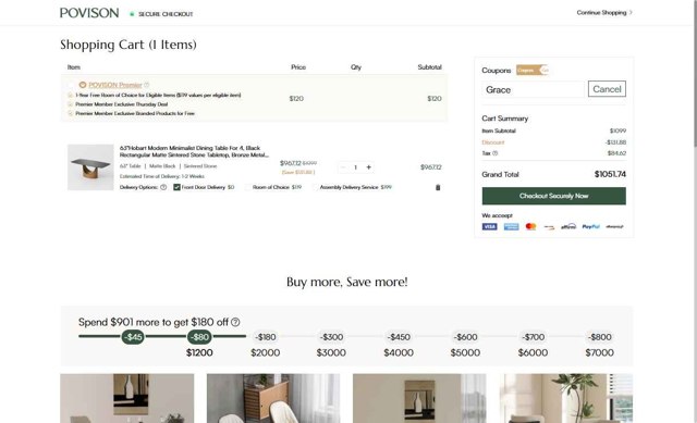 Povison checkout page showing Povison discount code box | Screenshot taken by SimplyCodes community member on Aug 10, 2025