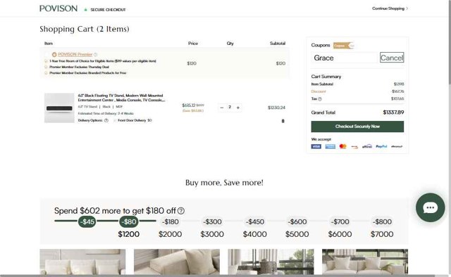 Povison checkout page showing Povison discount code box | Screenshot taken by SimplyCodes community member on Sep 3, 2025