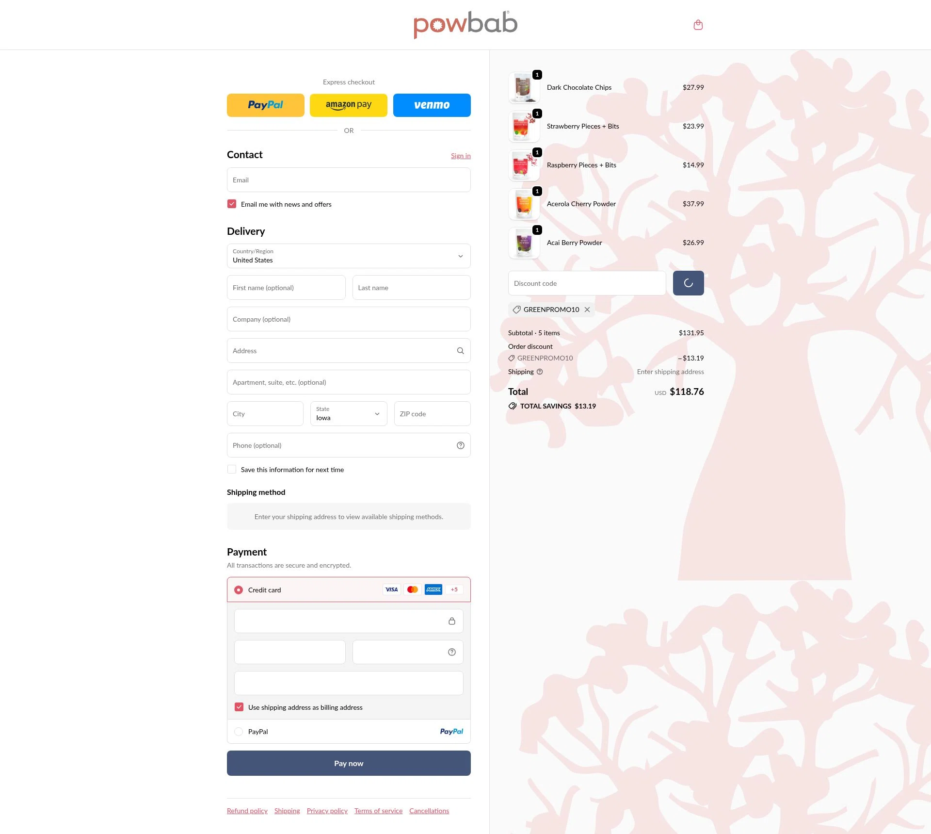 powbab checkout page showing powbab promo code box | Screenshot taken by SimplyCodes community member on Jan 7, 2026