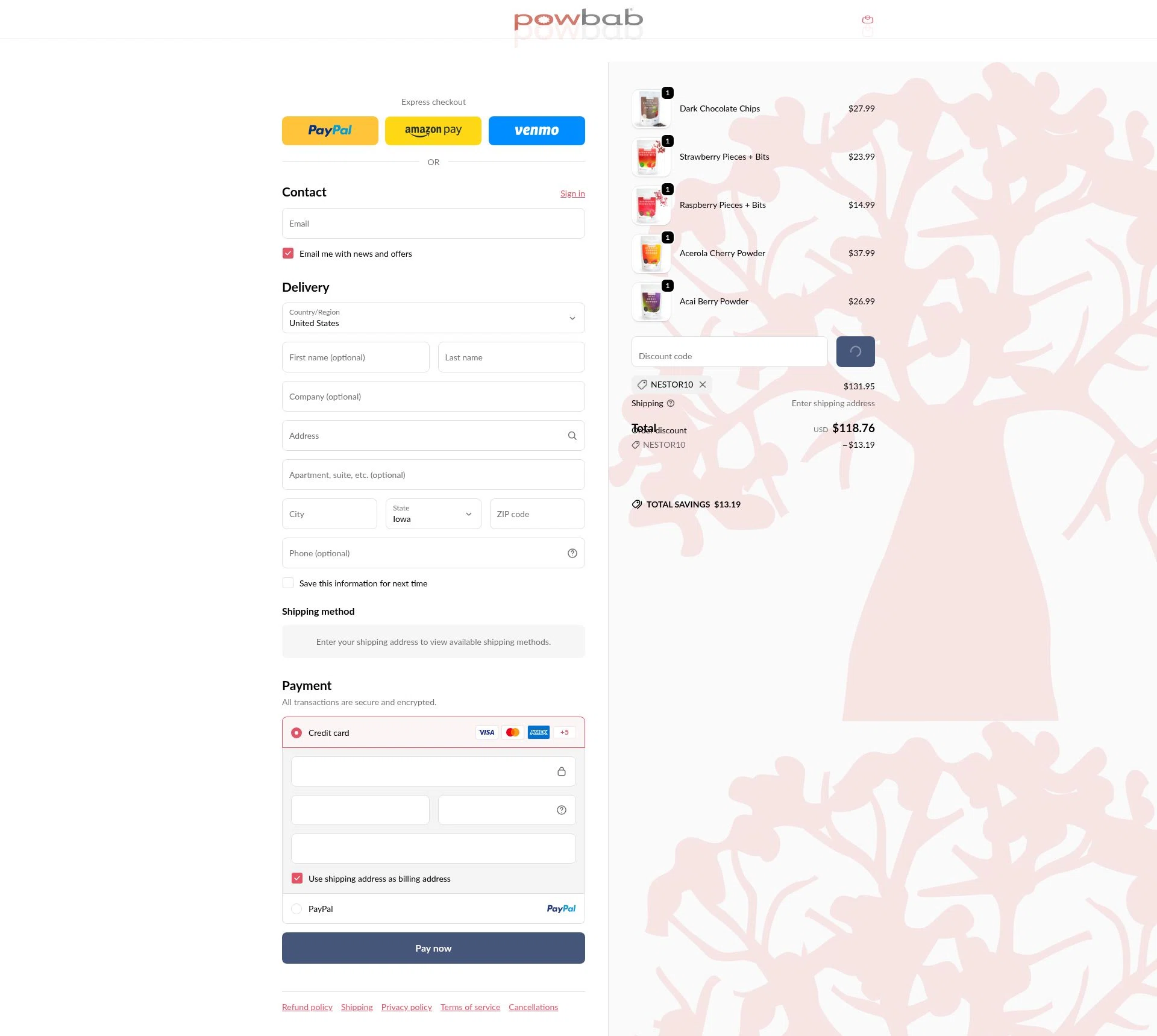 powbab checkout page showing powbab promo code box | Screenshot taken by SimplyCodes community member on Jan 7, 2026