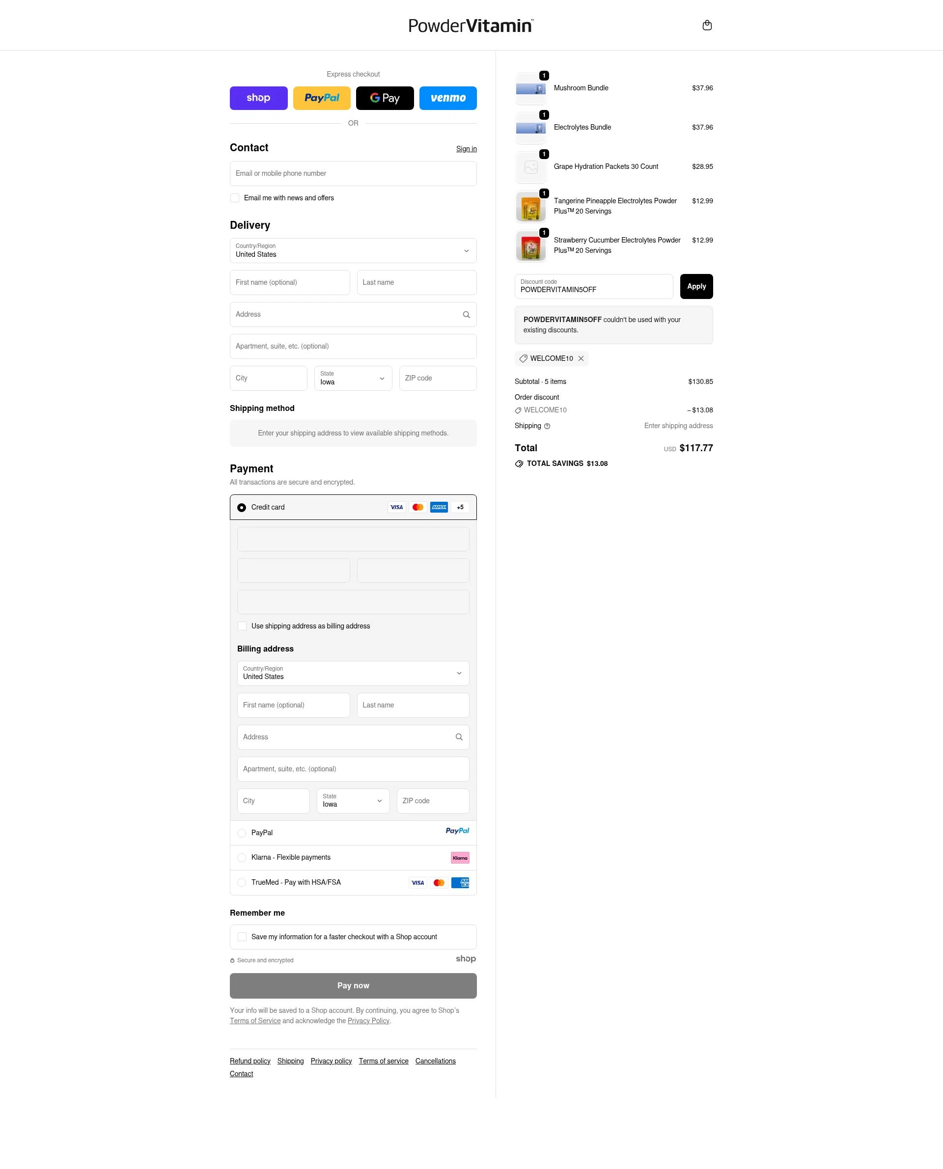 PowderVitamin checkout page showing PowderVitamin coupon code box | Screenshot taken by SimplyCodes community member on Sep 24, 2025