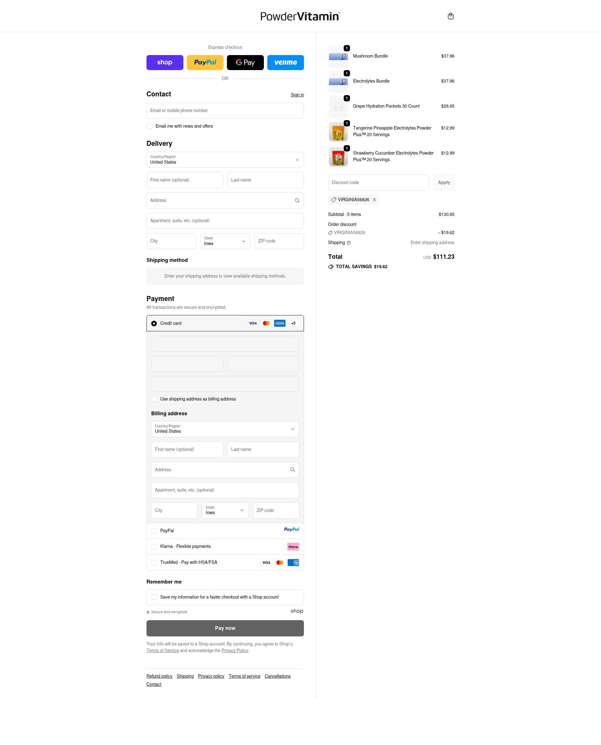PowderVitamin checkout page showing PowderVitamin coupon code box | Screenshot taken by SimplyCodes community member on Sep 24, 2025