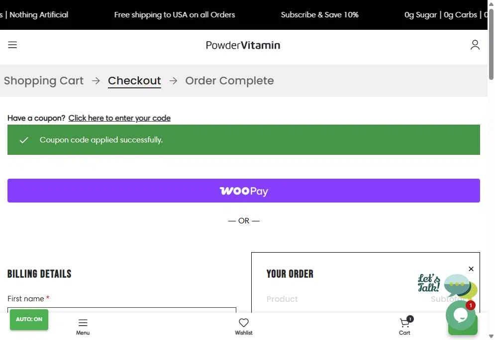 PowderVitamin checkout page showing PowderVitamin coupon code box | Screenshot taken by SimplyCodes community member on Oct 5, 2025