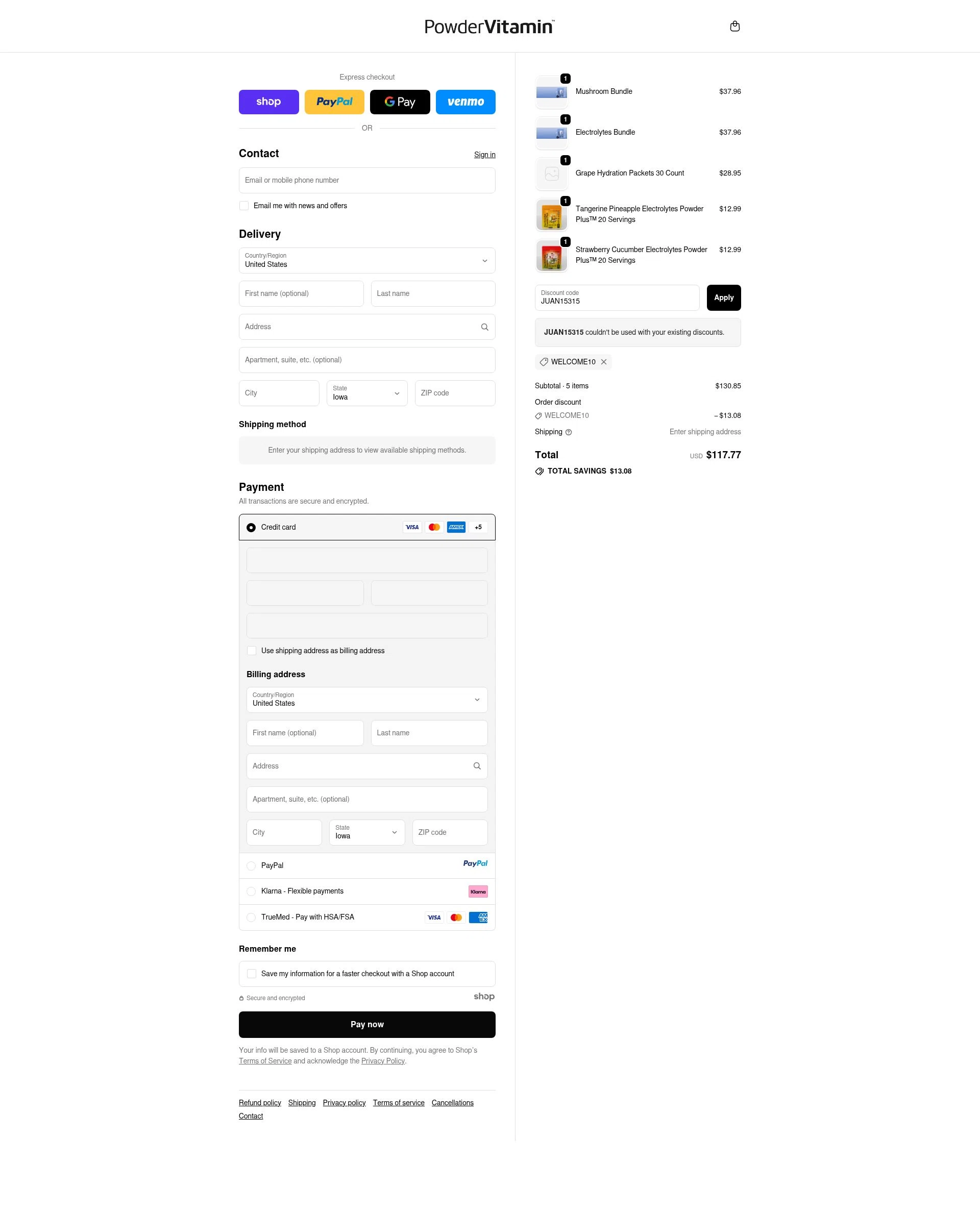 PowderVitamin checkout page showing PowderVitamin coupon code box | Screenshot taken by SimplyCodes community member on Sep 24, 2025