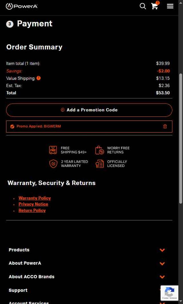 PowerA checkout page showing PowerA promo code box | Screenshot taken by SimplyCodes community member on Aug 23, 2025
