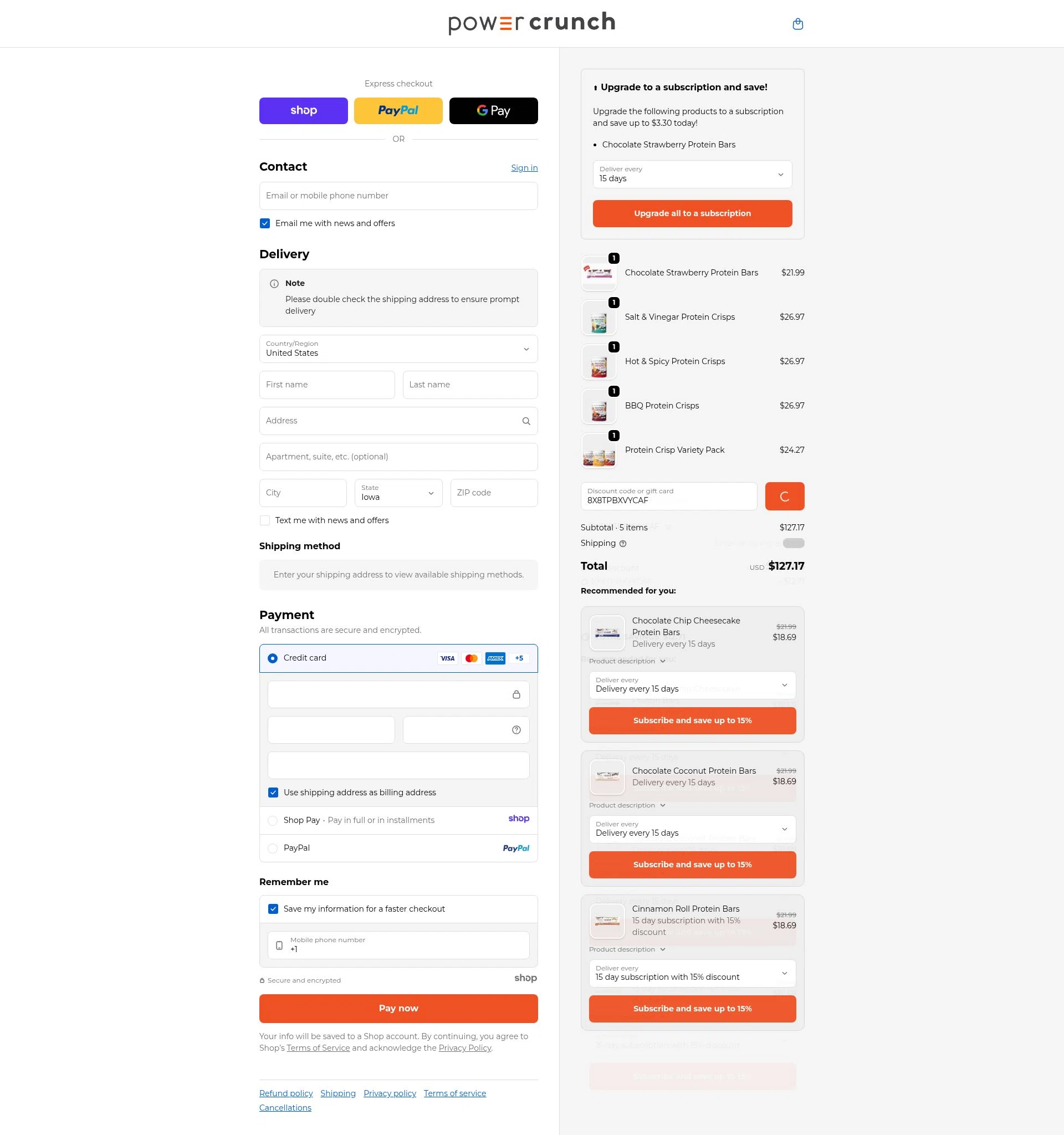 Power Crunch checkout page showing Power Crunch discount code box | Screenshot taken by SimplyCodes community member on Jan 2, 2026