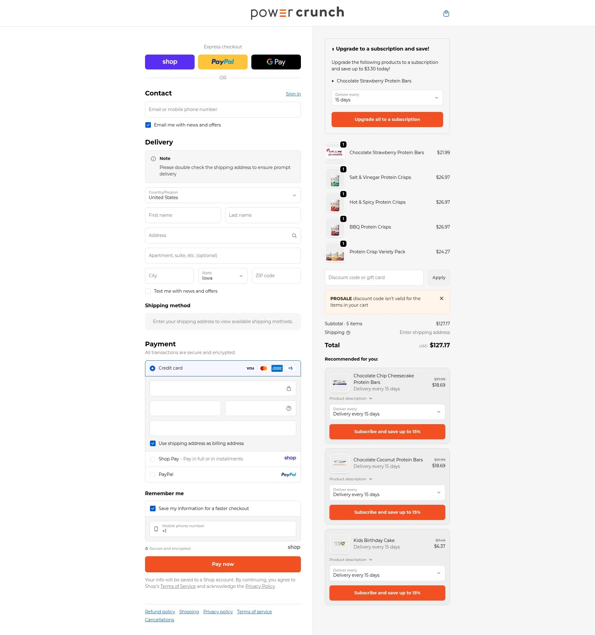 Power Crunch checkout page showing Power Crunch discount code box | Screenshot taken by SimplyCodes community member on Jan 7, 2026