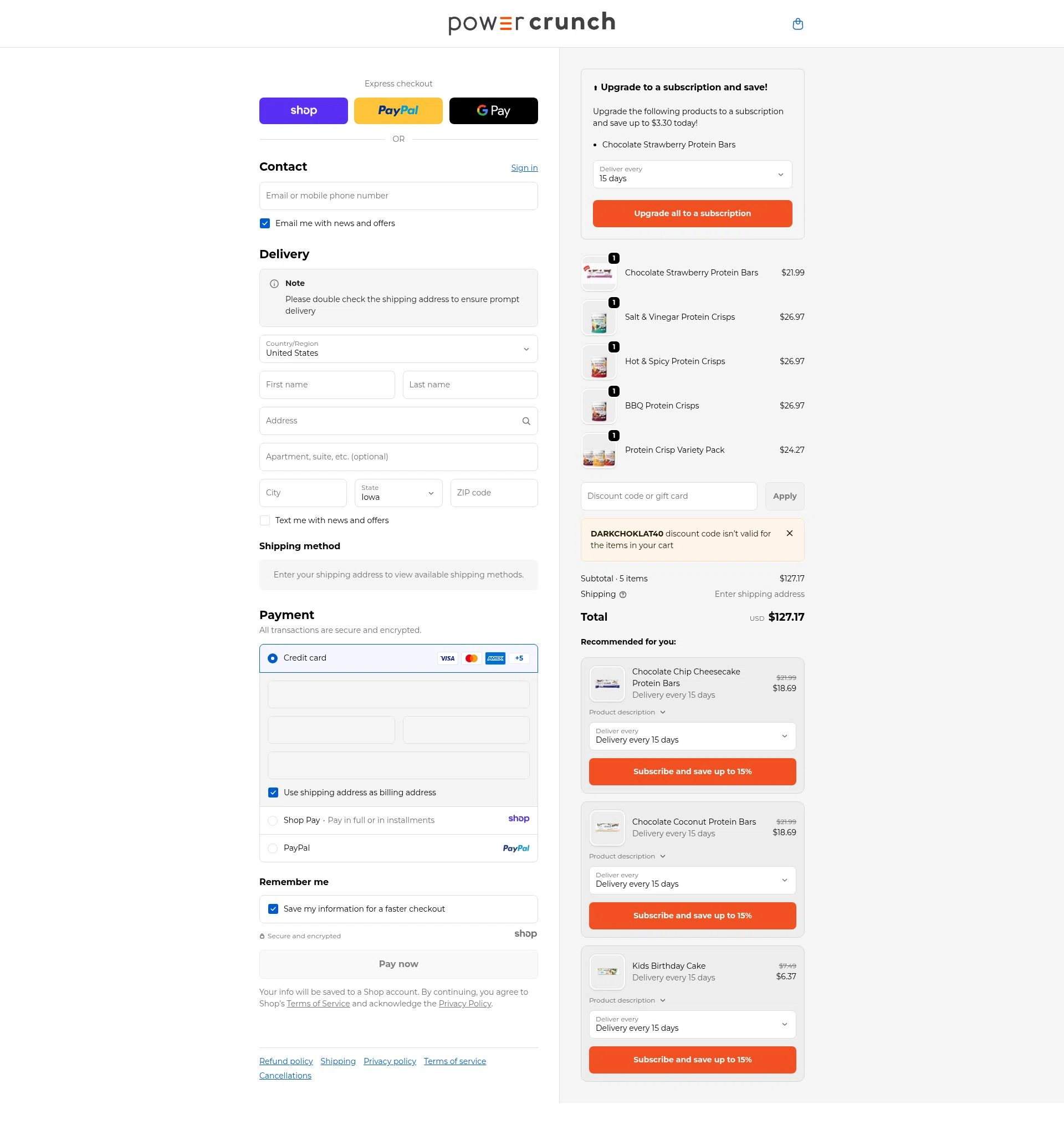 Power Crunch checkout page showing Power Crunch discount code box | Screenshot taken by SimplyCodes community member on Jan 7, 2026