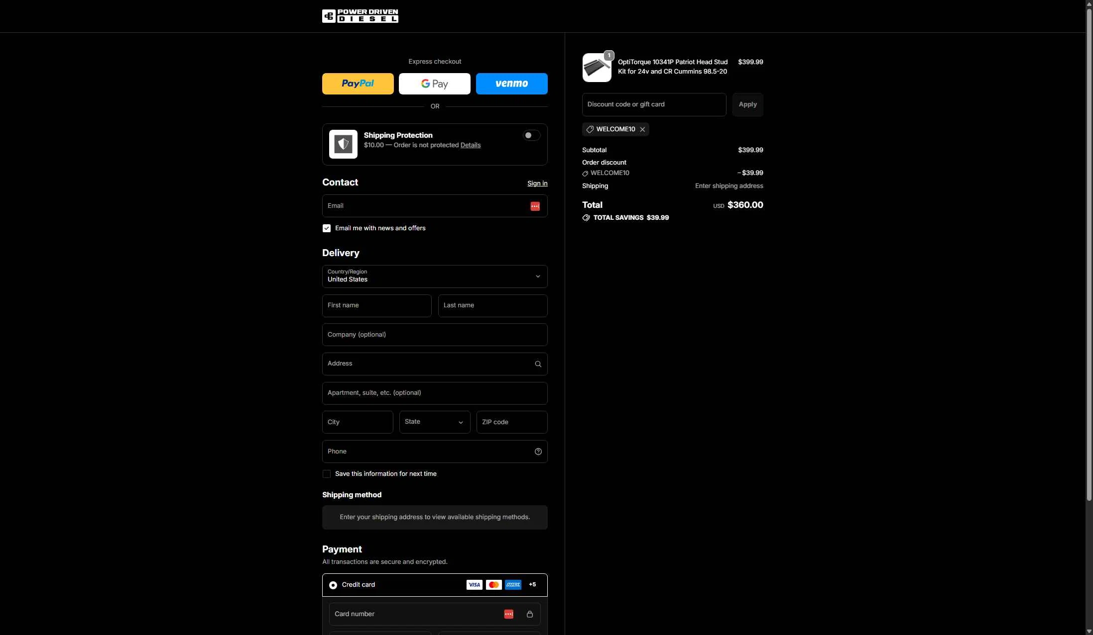 Power Driven Diesel checkout page showing Power Driven Diesel coupon code box | Screenshot taken by SimplyCodes community member on Jan 12, 2026