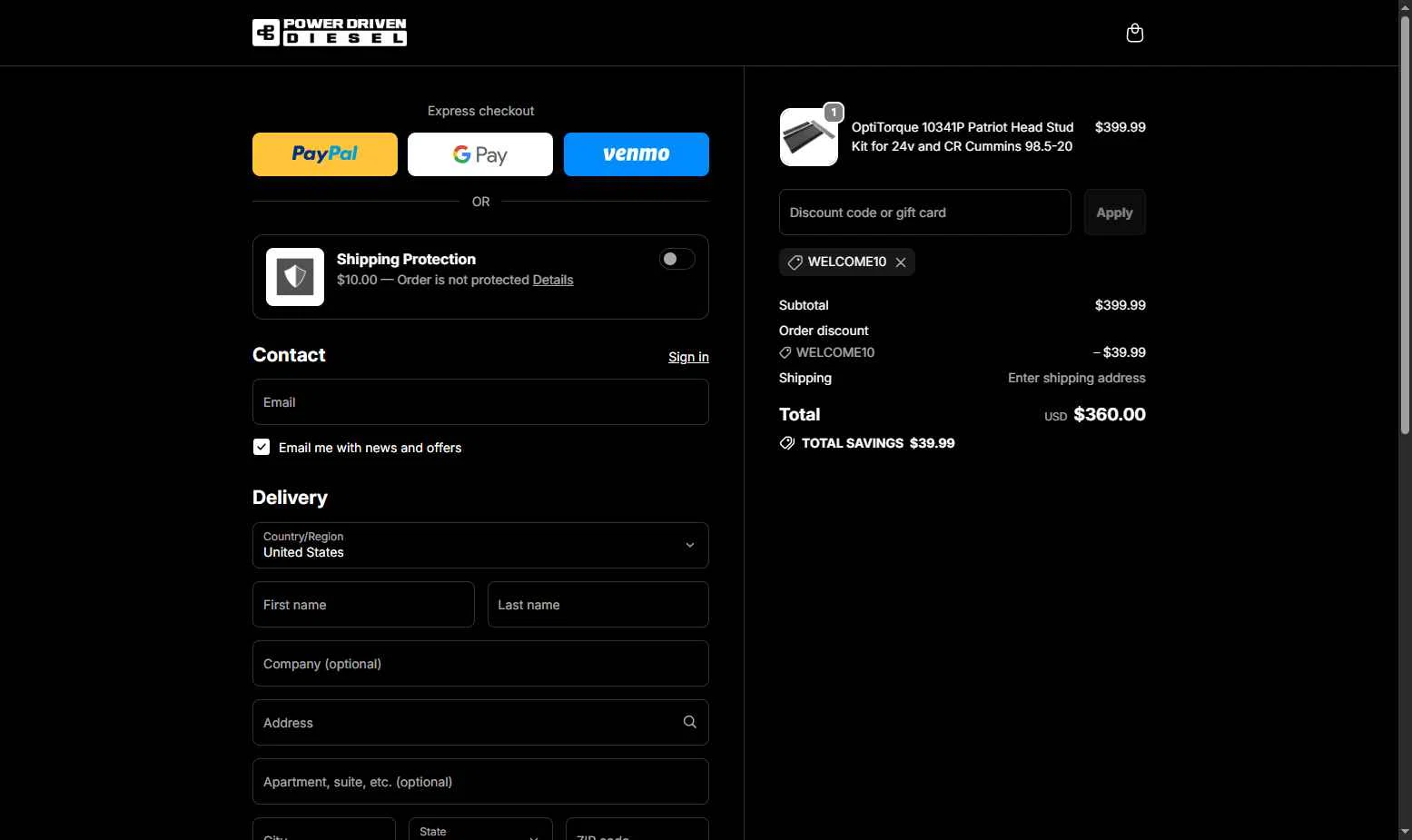 Power Driven Diesel checkout page showing Power Driven Diesel coupon code box | Screenshot taken by SimplyCodes community member on Feb 10, 2026