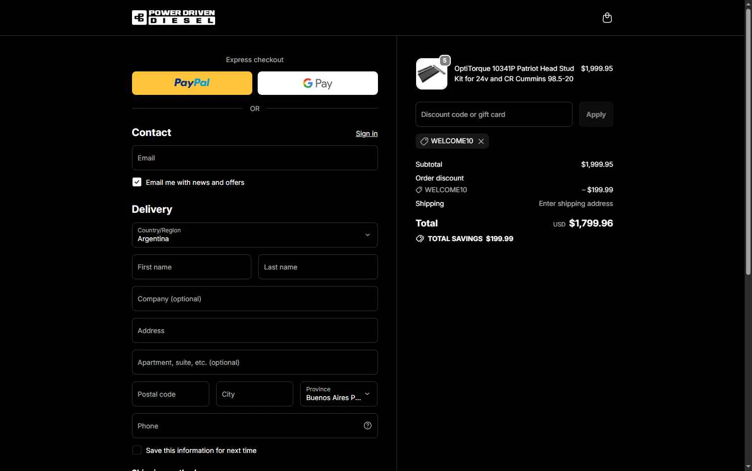 Power Driven Diesel checkout page showing Power Driven Diesel coupon code box | Screenshot taken by SimplyCodes community member on Oct 3, 2025