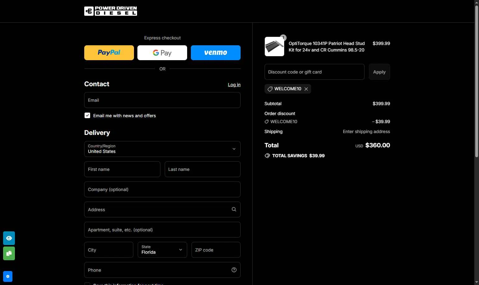 Power Driven Diesel checkout page showing Power Driven Diesel coupon code box | Screenshot taken by SimplyCodes community member on Sep 4, 2025