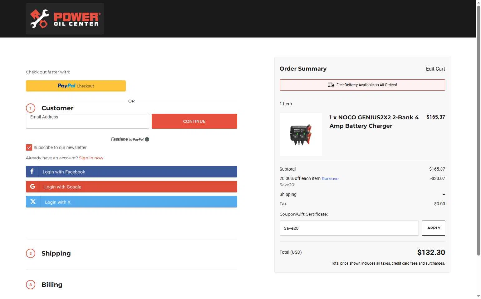 Power Oil Center checkout page showing Power Oil Center promo code box | Screenshot taken by SimplyCodes community member on Oct 19, 2025