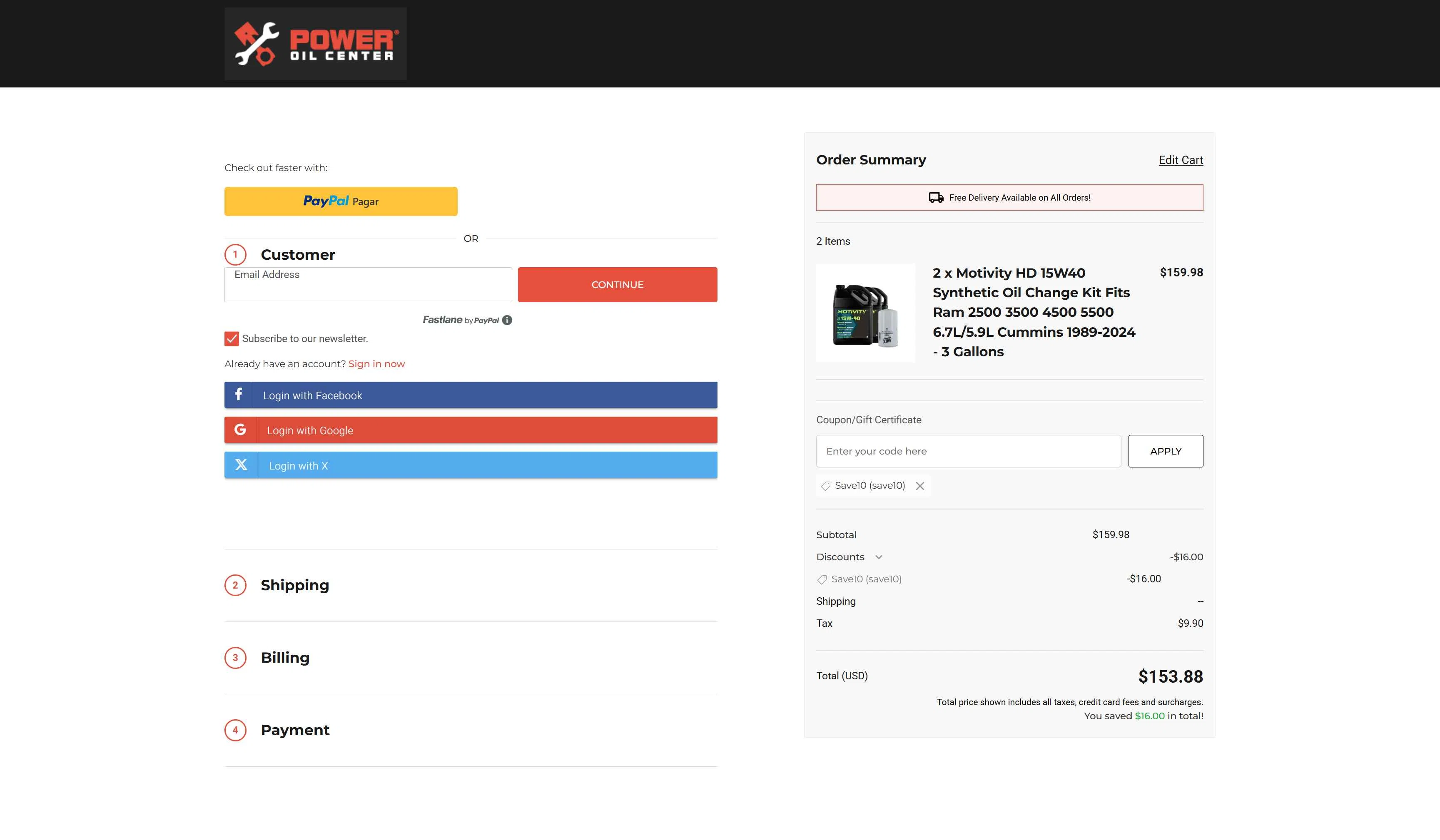 Power Oil Center checkout page showing Power Oil Center promo code box | Screenshot taken by SimplyCodes community member on Feb 19, 2026