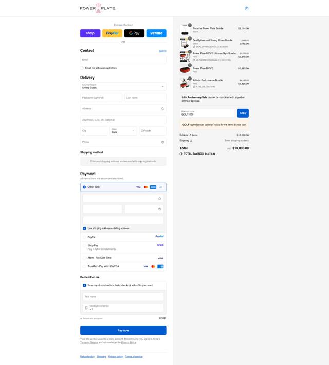 Power Plate checkout page showing Power Plate discount code box | Screenshot taken by SimplyCodes community member on Sep 11, 2025