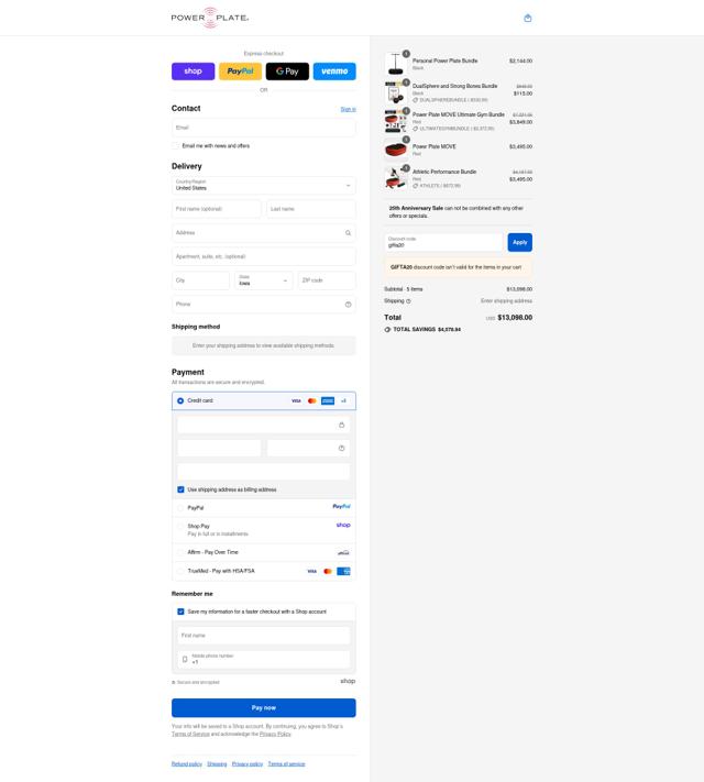 Power Plate checkout page showing Power Plate discount code box | Screenshot taken by SimplyCodes community member on Sep 11, 2025