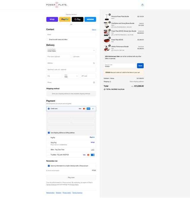 Power Plate checkout page showing Power Plate discount code box | Screenshot taken by SimplyCodes community member on Sep 11, 2025