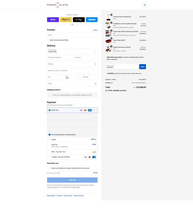 Power Plate checkout page showing Power Plate discount code box | Screenshot taken by SimplyCodes community member on Sep 11, 2025