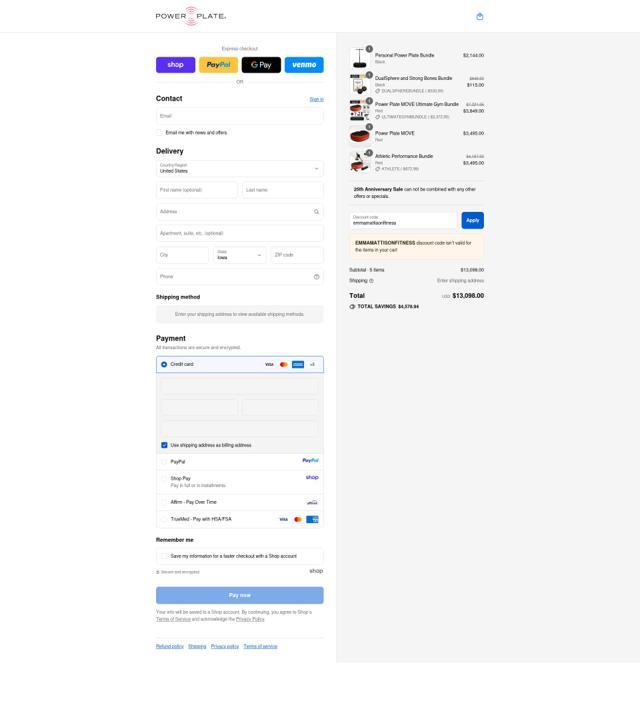 Power Plate checkout page showing Power Plate discount code box | Screenshot taken by SimplyCodes community member on Sep 11, 2025