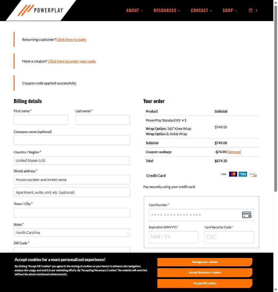 PowerPlay checkout page showing PowerPlay promo code box | Screenshot taken by SimplyCodes community member on Jul 19, 2025